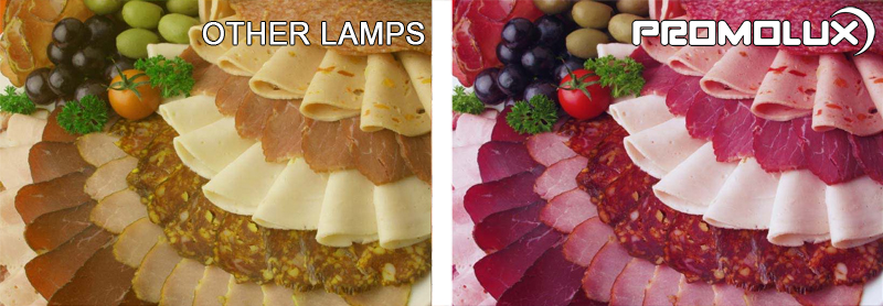 Beleuchtung von Fleisch- und Feinkost-Vitrinen - Vergleichen Sie die Beleuchtung von Fleisch, Feinkost, Aufschnitt, Fleisch für zubereitetes Mittagessen von Promolux LED-Beleuchtung mit normaler Beleuchtung.