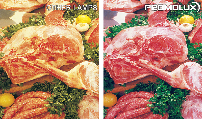 Iluminação da vitrine da mercearia para carne e delicatessen - Compare a iluminação LED da Promolux com as luzes normais e a diferença na iluminação da vitrine de sua loja de carnes e delicatessen. Simplesmente o melhor com LEDs Promolux.