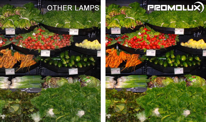 Perishable Produce Display Case Lighting - Just see how much better all perishables look under Promolux LED lighting versus regular lighting. You can clearly see the difference with Promolux.